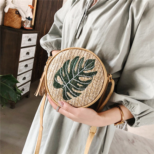 VINTAVIDA Straw Woven Bag - Embroidery Leaf